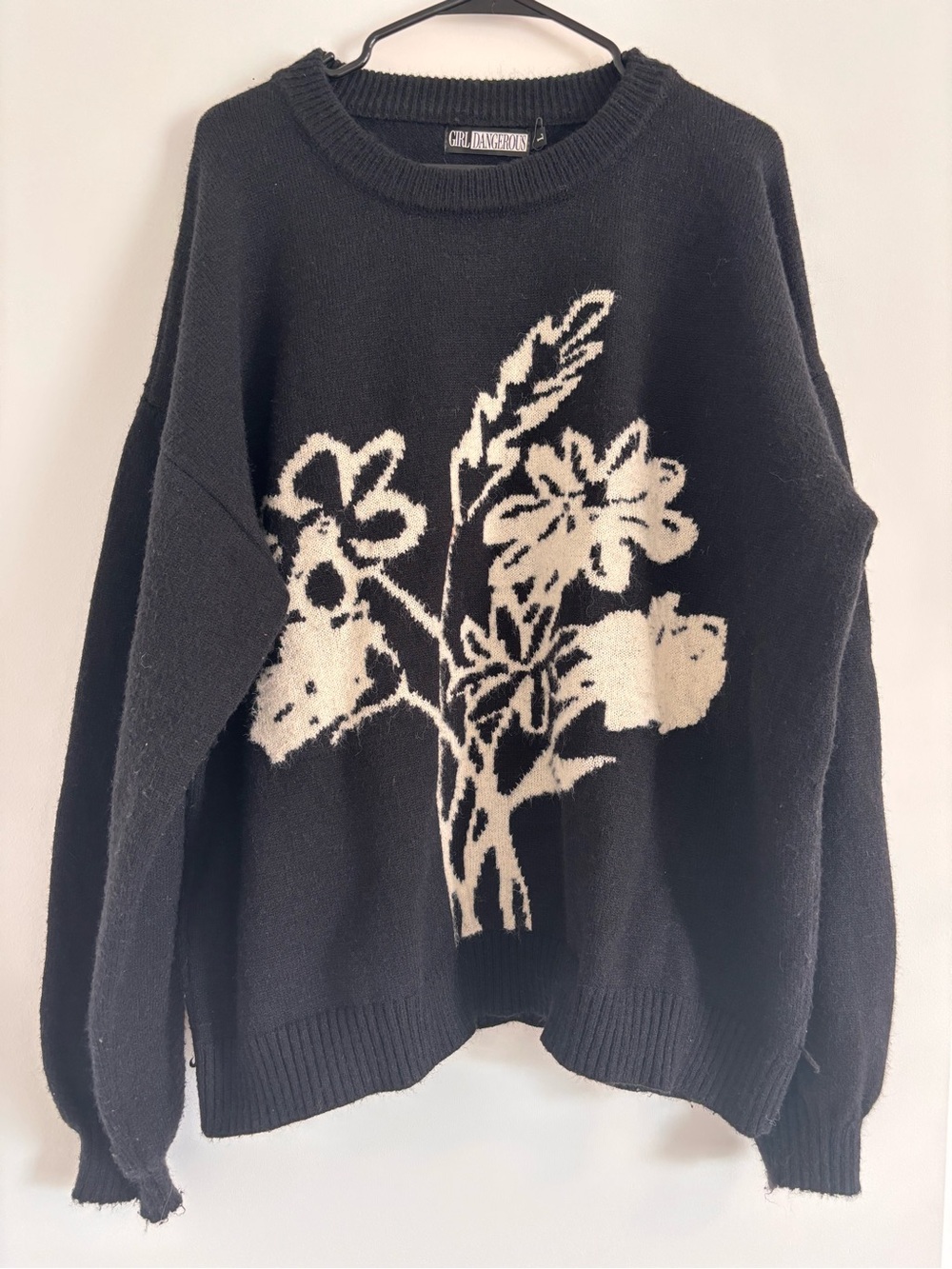Girl Dangerous Black Floral Intarsia Crewneck Sweater